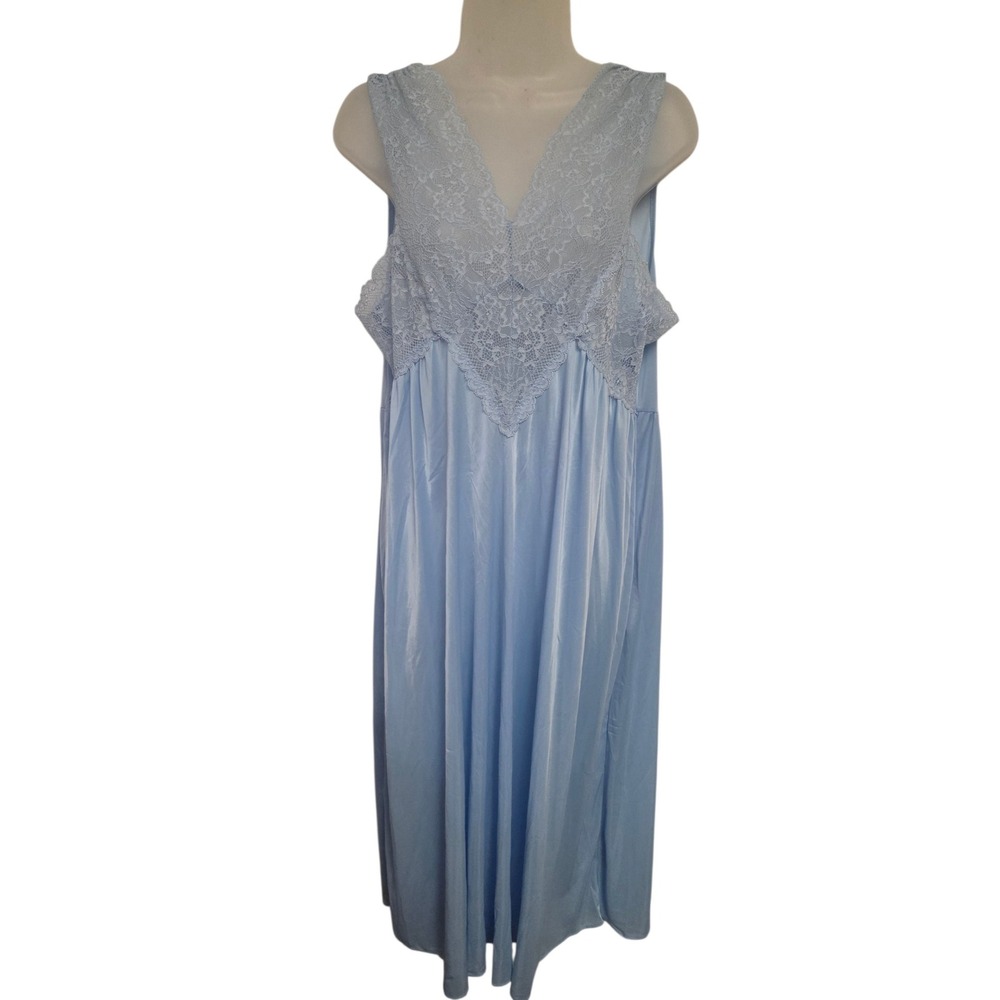 Miss Elaine Silk Essence Light Blue Lace Trim Nightgown XL Sleeveless